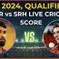 A graphic showing the scoreboard of a cricket match between KKR vs SRH. KKR are batting first and have scored 129 runs for the loss of 2 wickets in 12 overs. SRH's bowling figures are also displayed.